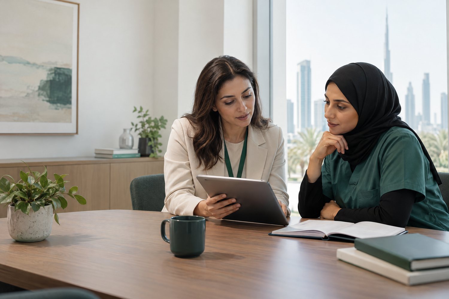 AI-generated illustration: a clinical education manager and home-care nurse planning a small training cohort together.